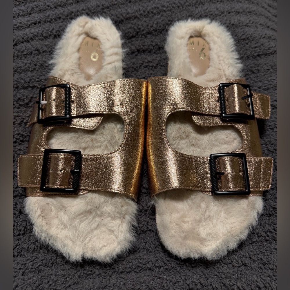 New Mix No. 6 Slide Sandals Rose Gold With Faux Fur Lining Women's Size 10